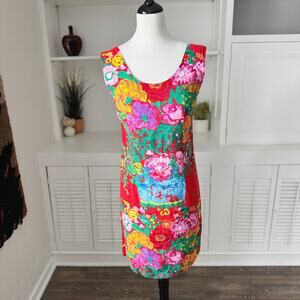 Vintage 80s 90s Jams World Red Floral Jackie Mini Sheath Dress Size S